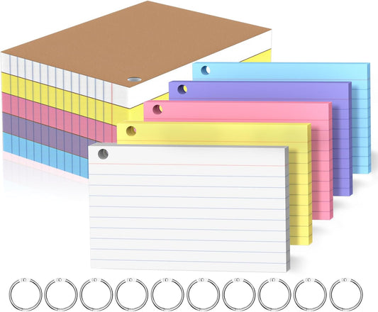 500 Count Index Cards with Ring 3 x 5 Inch Colored Heavyweight Ruled Index Cards, Flash Cards for School & Office Supplies and Home Organization, Durable Study To Do List Note Cards with Ruled Lines