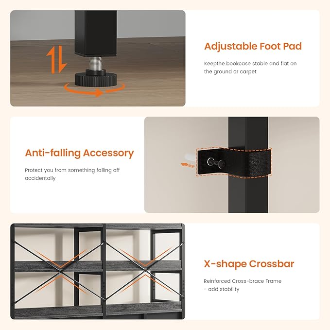 Bookshelf with 8 Fabric Drawers, 7-Tier Bookcase with Baffles Display Shelves, Industrial Large Book Shelf for Living Room Home Office, Grey