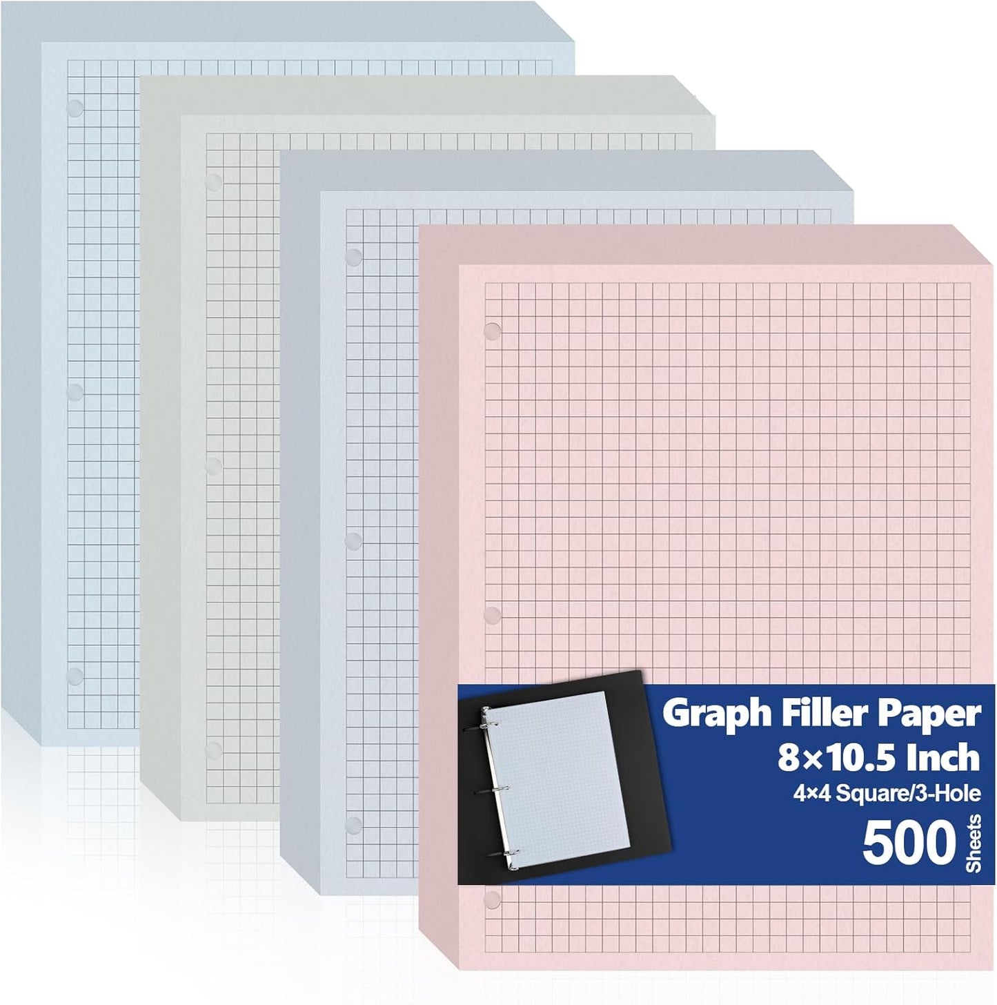 500 Sheets Colored 4 x 4 Graph Loose Leaf Paper Bulk for 3 Ring Binder 8.5×10 Inch Quad Ruled Graph Filler Notebook Grid Paper Refill Quad Ruled Pad for School Office Business Home Library 80gsm