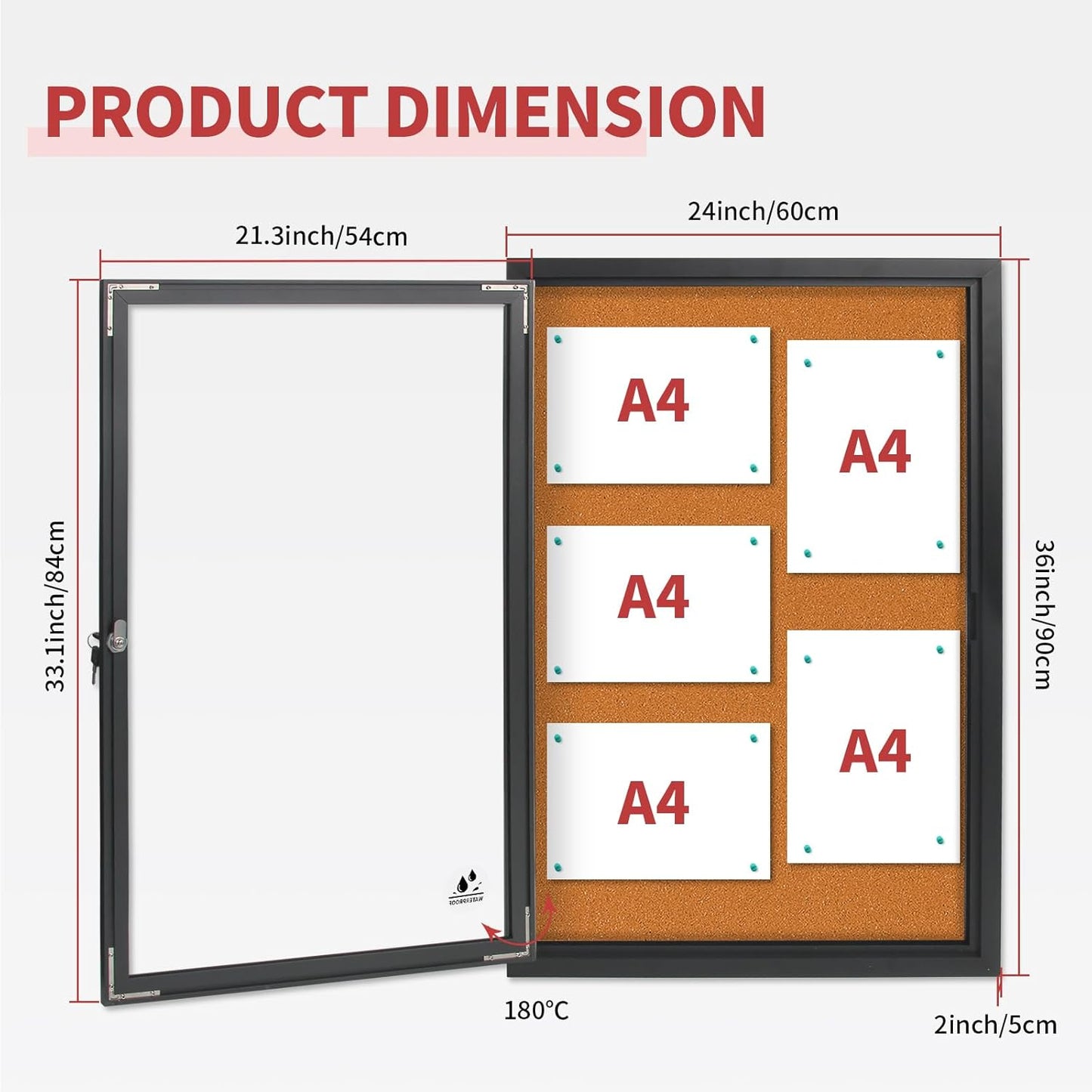 Enclosed Bulletin Board,Outdoor Weatherproof Cork Noticeboard with Locking Door, Wall-Mounted Black Aluminum Frame,Display Case Message Board for Office Home,36x24 Inch (5xA4)