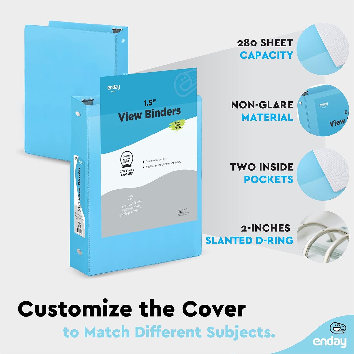 3 Ring Binder Blue, 1.5 Inch Clear View Cover with 2 Inside Pockets Binder, Colored School Supplies 1 ½ Inch Round Ring Binders, Also Available in Red, Pink, Purple, Green, and Grey (6 PC) – by Enday