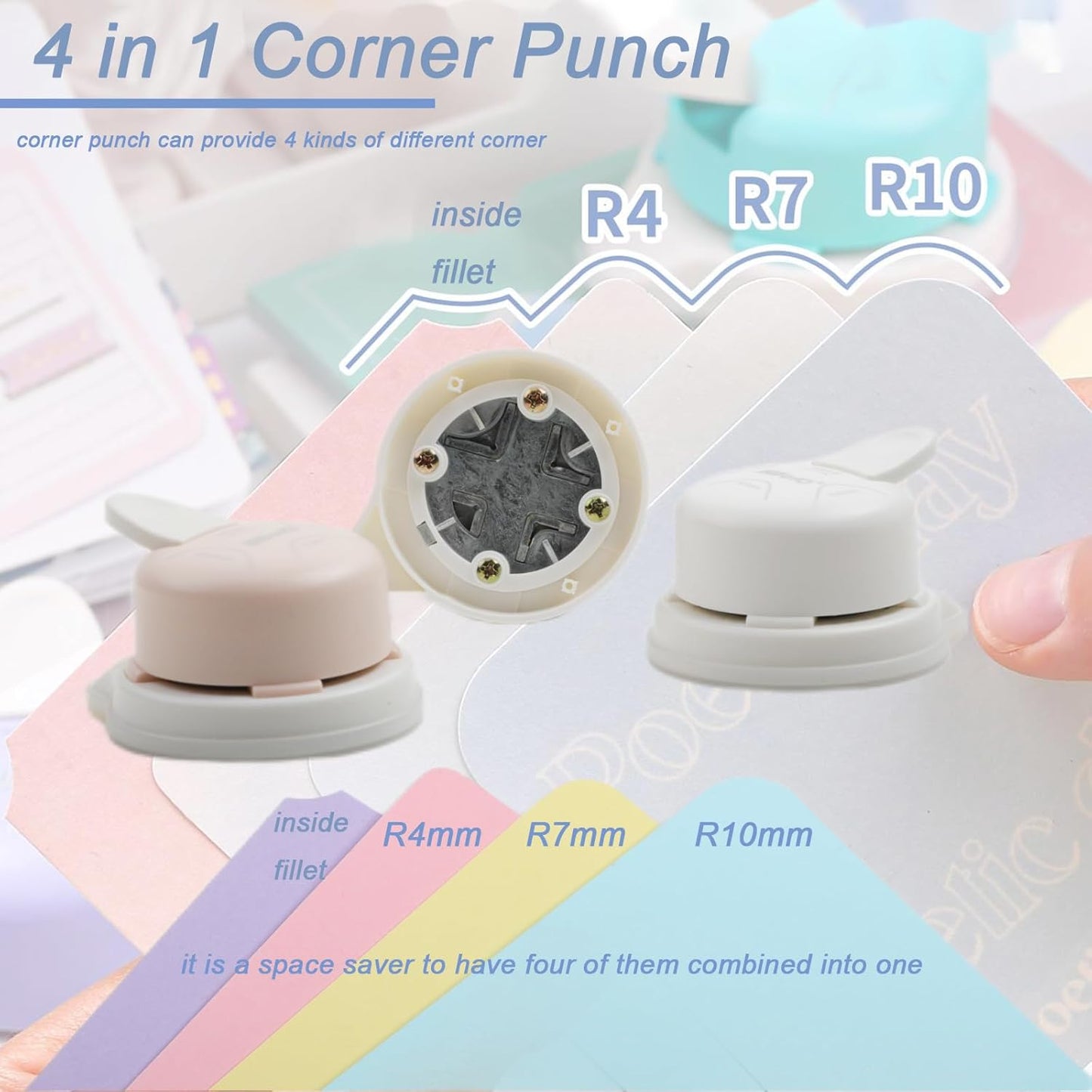 2 Pieces Corner Punch 4 in 1 Corner Rounder Punch Paper Corner Rounder for Making Scrapbooking （R4+R7+R10+Inside Corner） (White and Pink)