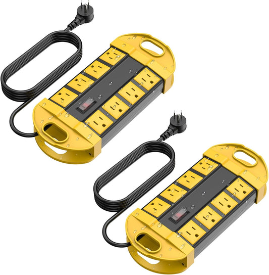 CCCEI 2 Outdoor Power Strips Weatherproof with 8 Plug, Waterproof Extension Cord with Multiple Outlets, Christmas Exterior Garden Yard Surge Protector 15FT, Yellow.