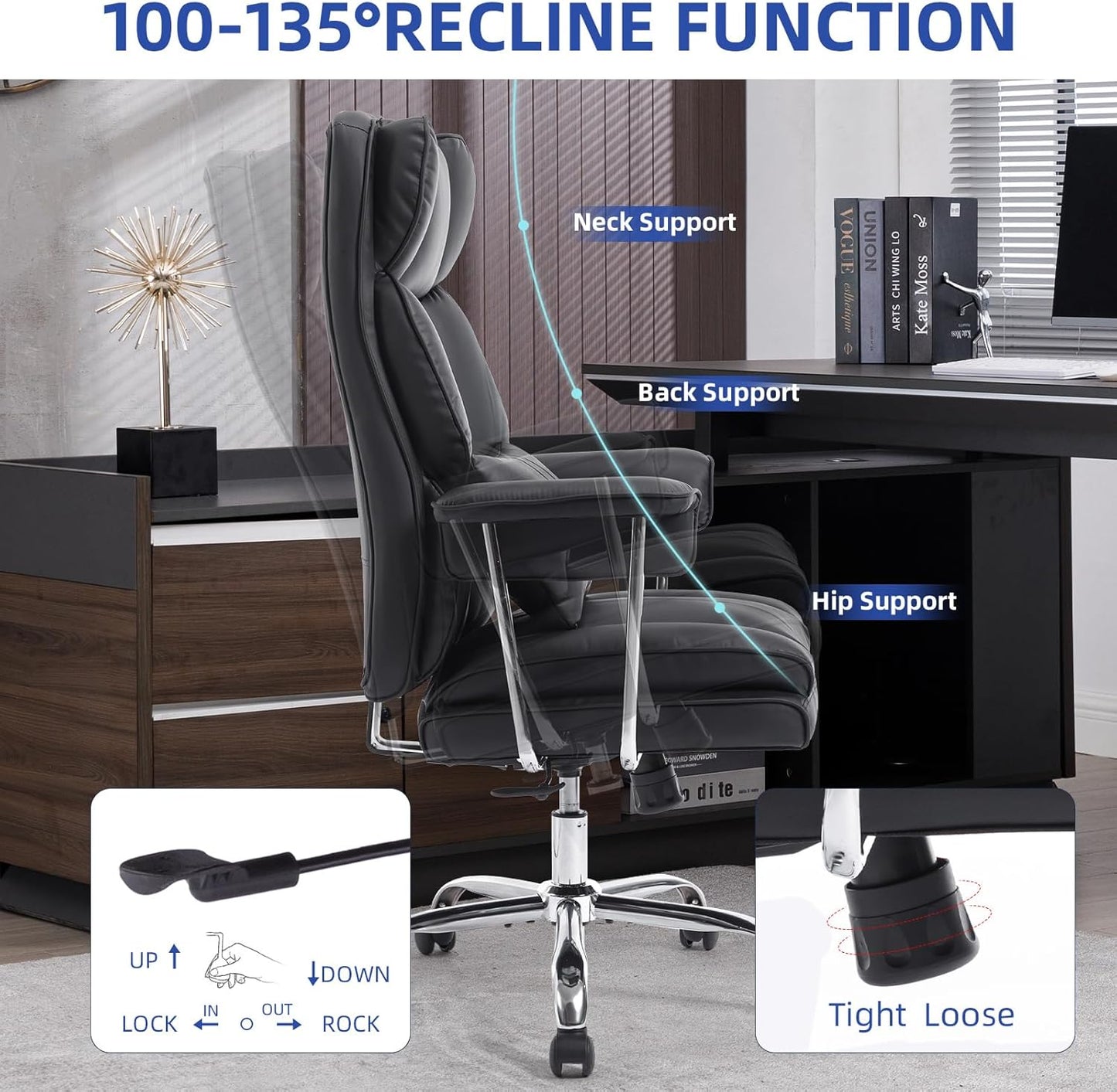 Big and Tall Office Chair 500lbs Wide Seat Executive Office Desk Chair High-Back Office Task Chair, Ergonomic Lumbar Support Computer Office Chairs for Heavy People(Black)