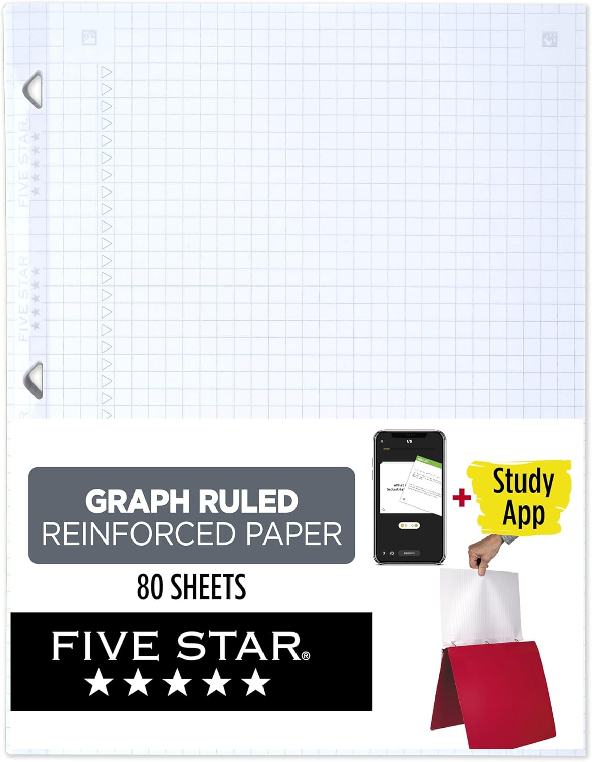 Five Star Loose Leaf Paper + Study App, Graph Ruled Filler Notebook Paper, Reinforced, Fights Ink Bleed, 8-1/2" x 11", 80 Sheets (170122)