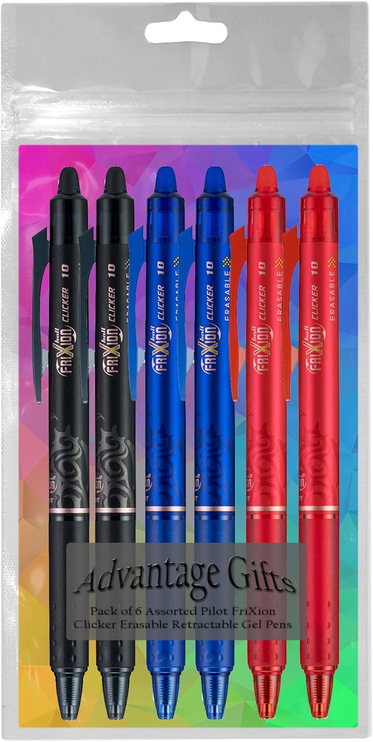 FriXion Clicker Retractable Erasable Gel Pen, Black/Blue/Red Bold Point, 6-pk; Bundle with Plastic Reusable Pouch