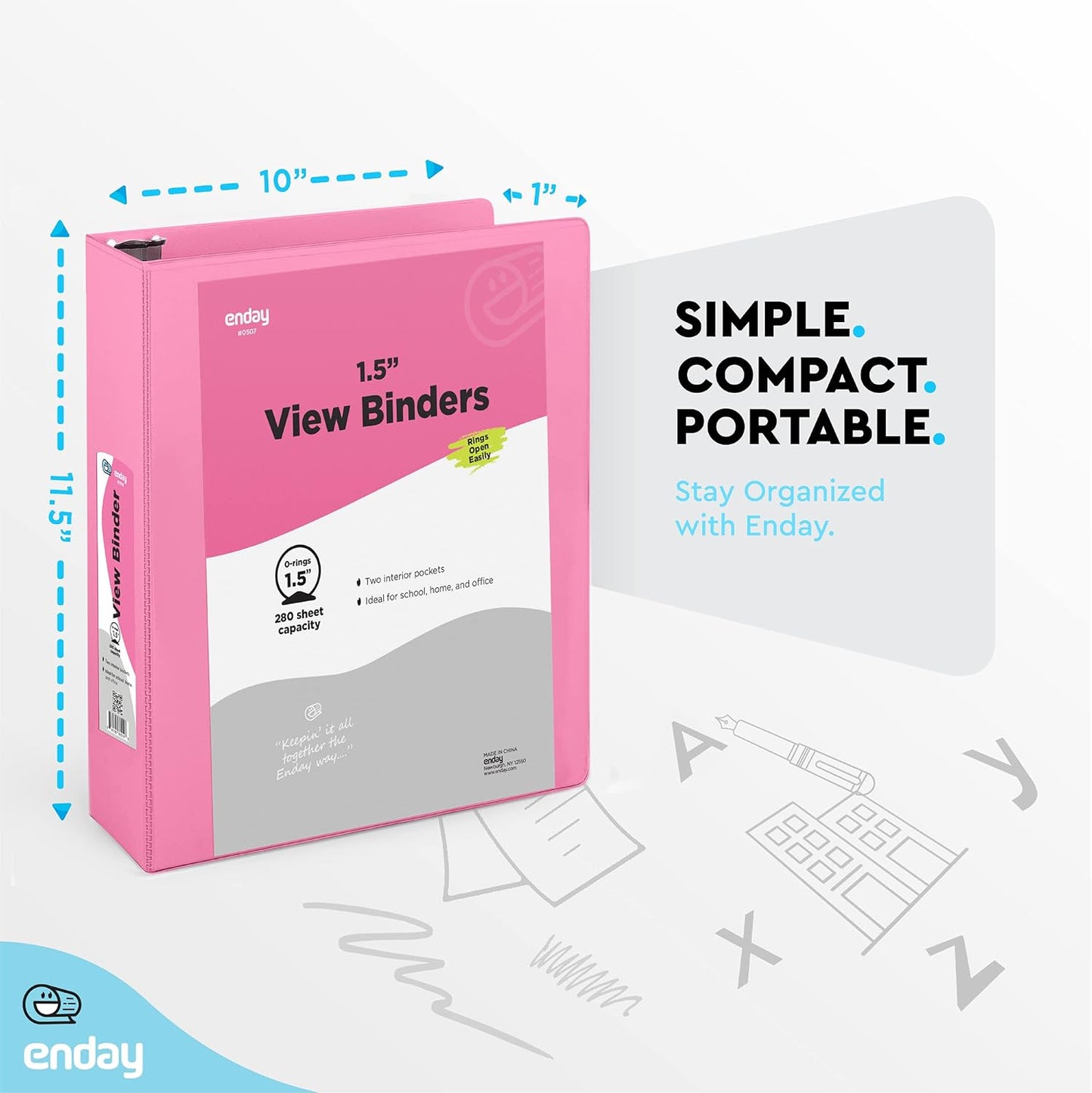 3 Ring Binder Pink, 1.5 Inch Clear View Cover with 2 Inside Pockets Binder, Colored School Supplies 1 ½ Inch Round Ring Binders, Also Available in Red, Blue, Purple, Green, and Grey (6 PC) – by Enday