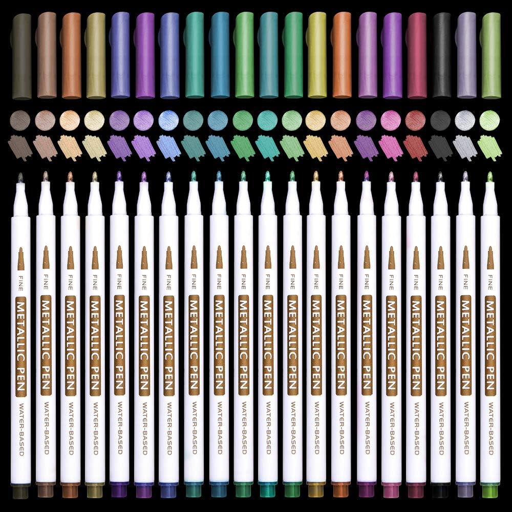 20 Colors Metallic Marker Pens, Lelix Fine Tip Paint Pens for DIY Photo Album, Black Paper, Card Making, Rock Art Painting, Scrapbooking, Glass, Metal, Wood