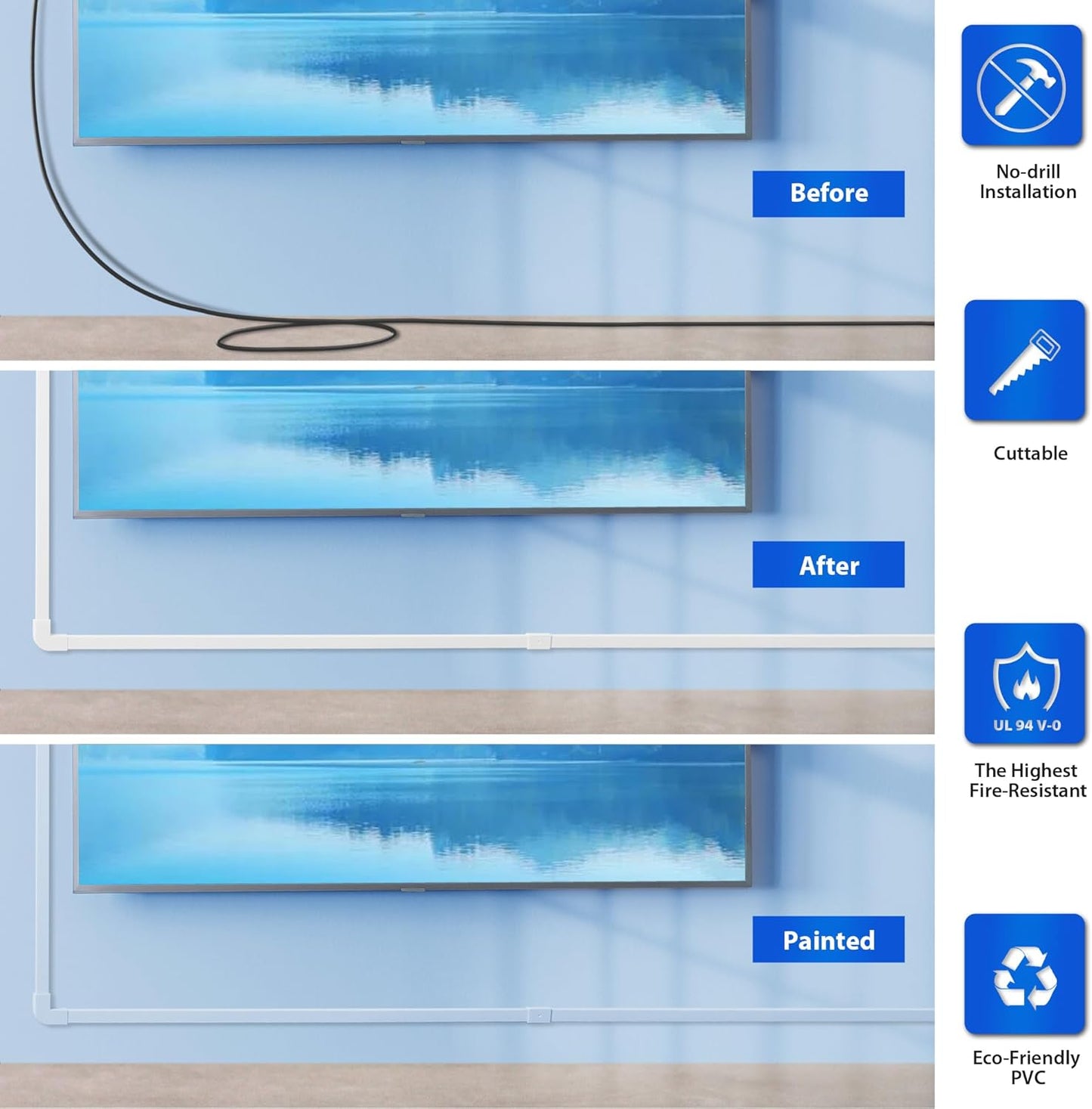 Cord Hider Wall for One Cord, 136in Wire Covers Wall, Easy Install Cable Cover Kit, Cable Raceway Beige, Wire Management Wall, 8X L17in W0.6in H0.4in