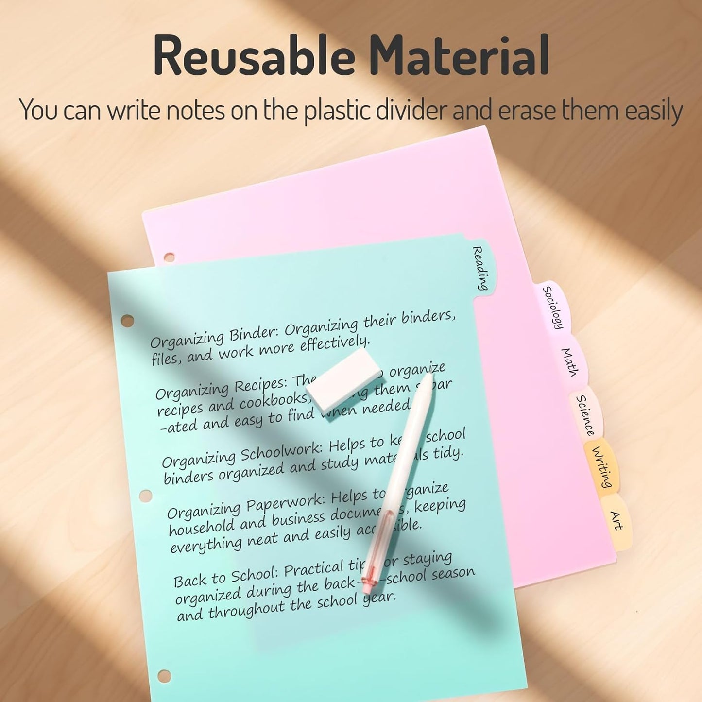 Forvencer 48Pcs/6Set Binder Dividers with Big 8 Tabs, Write&Erase Plastic Dividers for 3 Ring Binder, Tab Divider with Sticker Labels for Student, Teacher, Office, Home Organizers, School Supplies