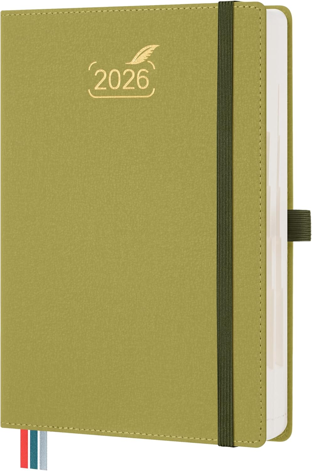 BEZEND Daily Planner 2026 (6" x 8.5") Full Page per Day Even Weekend (Jan-Dec) Monthly Calendar with Tabs, 2 Columns for Dual Schedule with Note, Vegan Leather Hardcover in Mustard