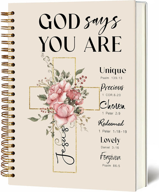 Bible Notebook, A5 Spiral Christian Journal with Floral Pink Butterfly Notebook, Bible Verse-God Says You Are, Inspirational Notebooks for Women, Bible Study, Gift for Birthday Christmas