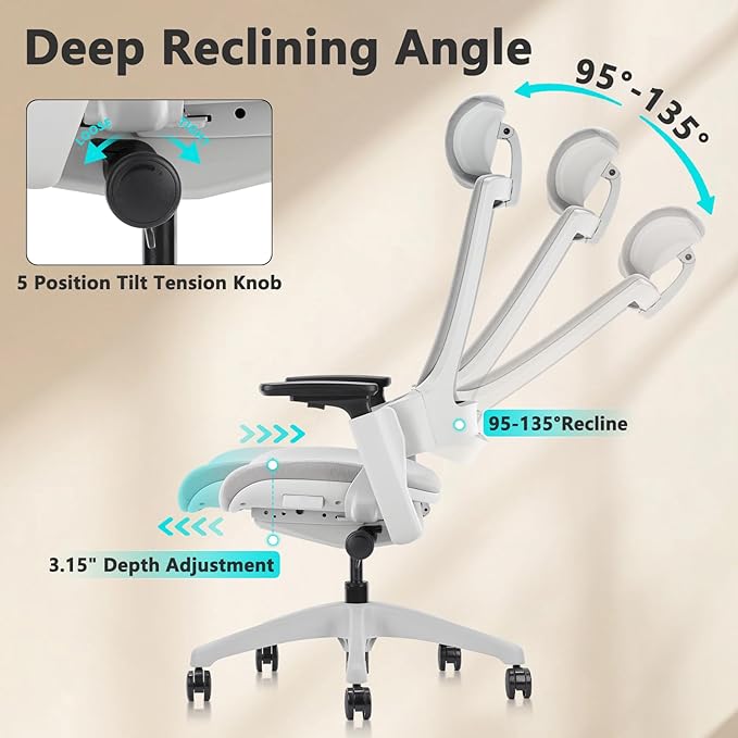 CLATINA Ergonomic High Swivel Executive Chair with Adjustable Height Head 3D Arm Rest Lumbar Support and Upholstered Back for Home Office Gray