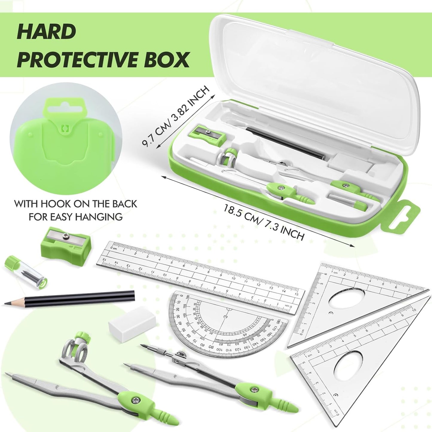 Zonon Math Geometry Set 10 Pcs Student Supplies with Shatterproof Storage Box, Includes Rulers Protractor Compass Pencil Sharpener Lead Refills Eraser Pencil for Drafting and Drawings(Green)