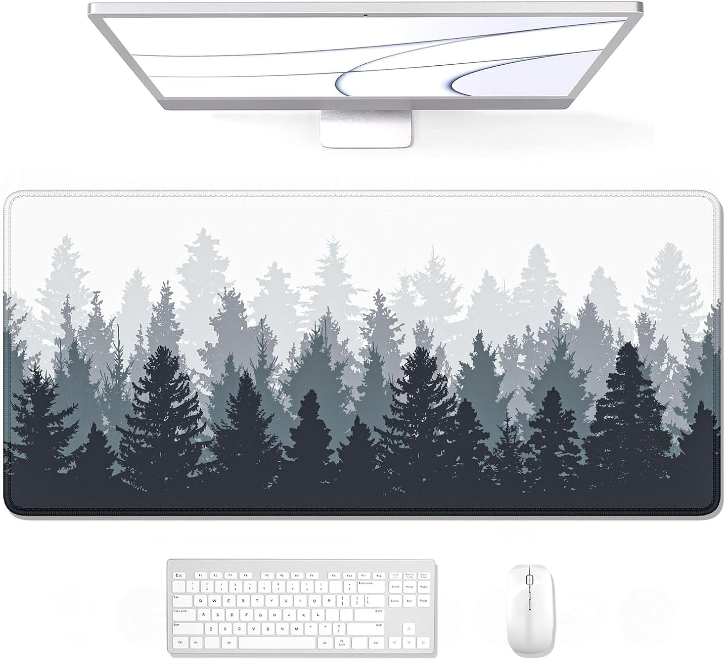 Auhoahsil Large Gaming Mouse Pad, Forest Theme XXL 35.4 x 15.7 in Desk Pad Stitched Non-Slip Rubber Long Computer Mousepad Thin Extended Full Size Desk Mat for Desktop, Laptop, Wireless Mice, White