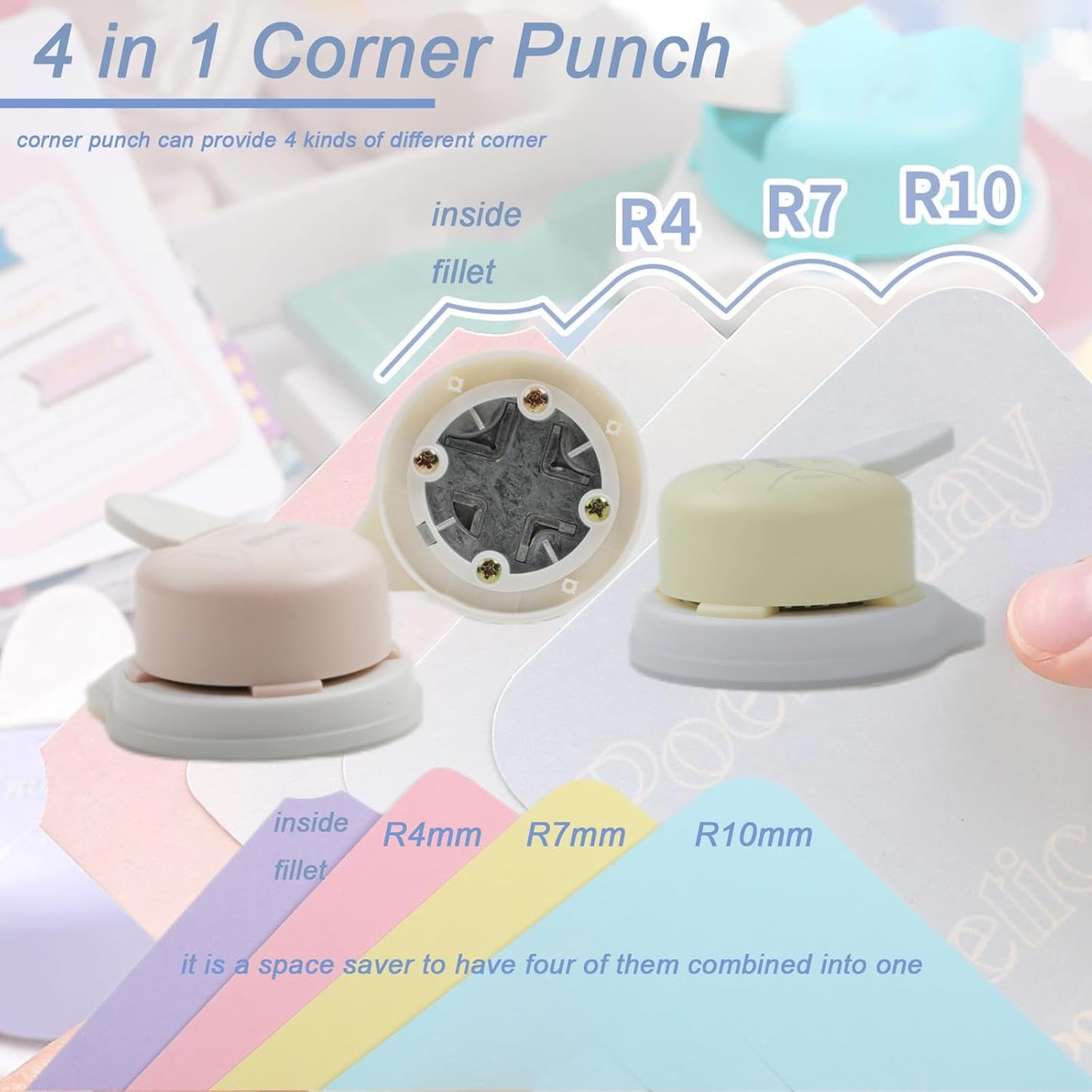 Corner Punch 4 in 1 Corner Rounder Punch (R4+R7+R10+Inside Corner) Corner Cutter for DIY Scrapbooking Photo Tags (Pink)