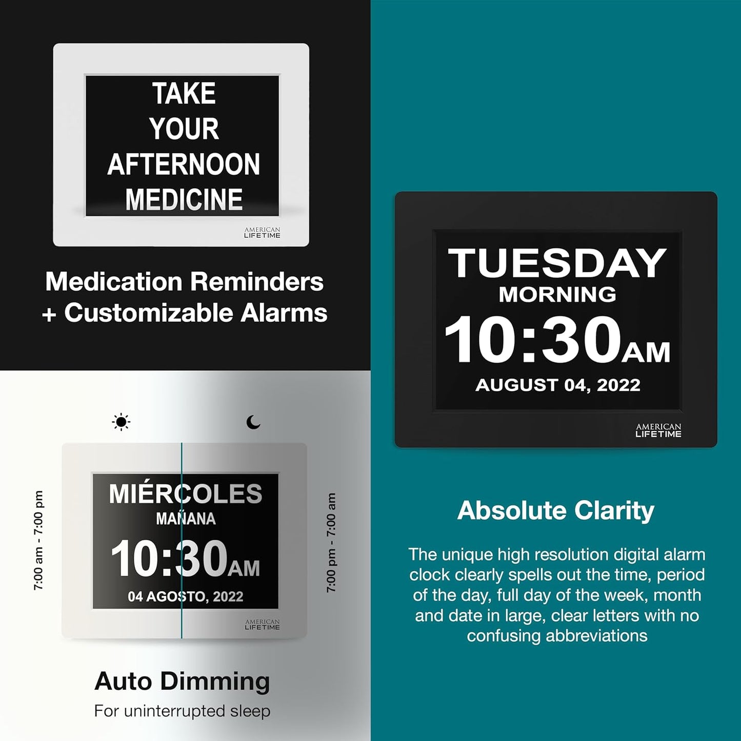 American Lifetime New 2025 Dementia Clock Large Digital Clock for Seniors, Alzheimer Clock Large Display with Custom Alarms, Clock with Day & Date for Elderly, Big Number Digital Calendar Black