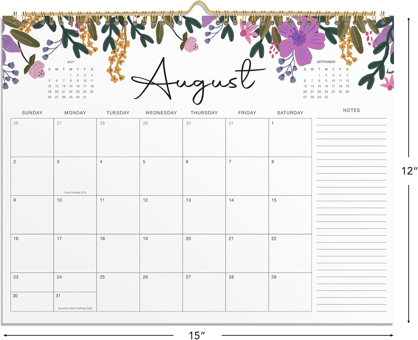 2025-2026 Wall Calendar, Gimoner Calendar 2025, 18 Months Calendar Runs From July 2025 - December 2026, 15" x 12", Twin-Wire Binding, Hanging Hook, Floral Design