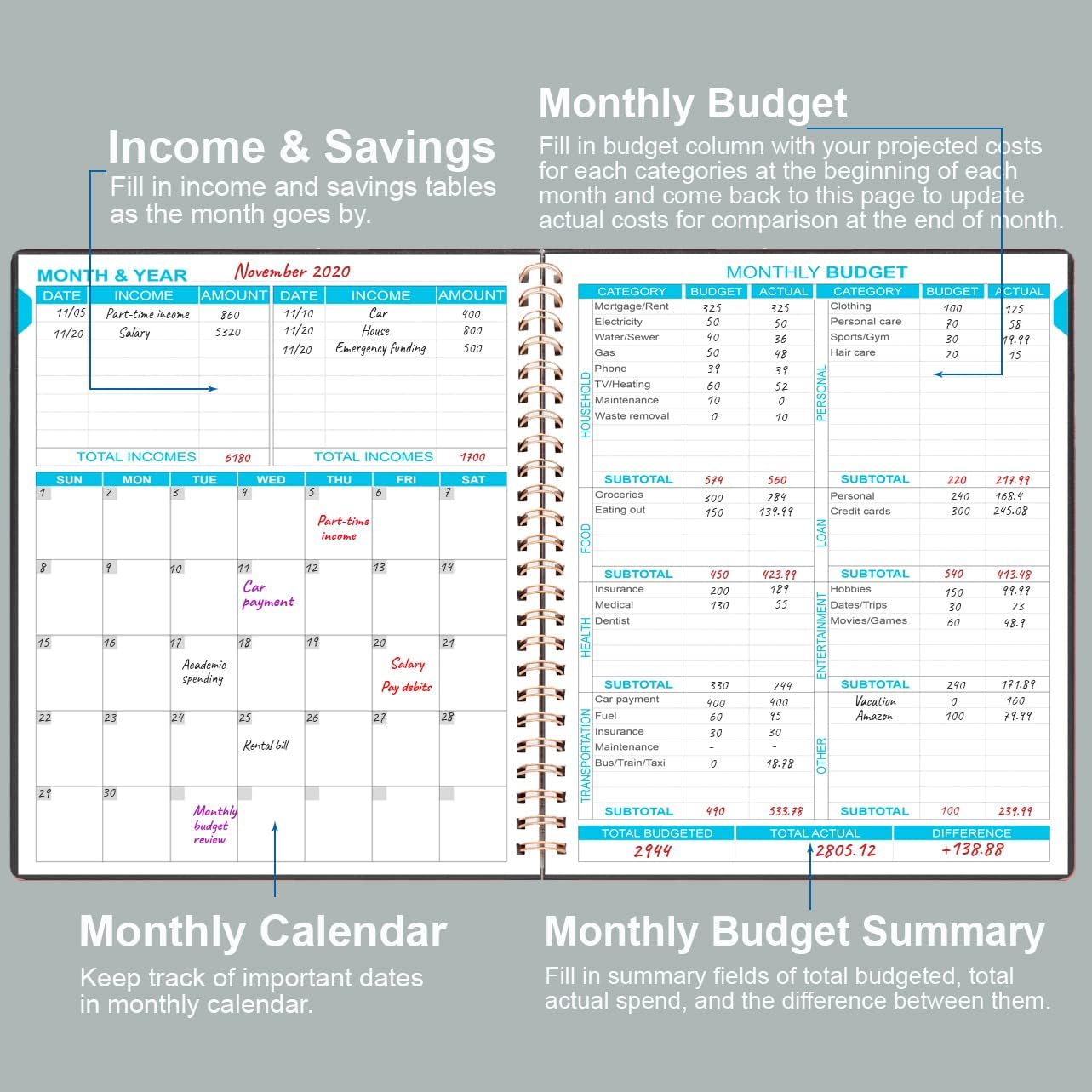 Budget Planner - 8" x 9.5" Monthly Budget Book with Expense Tracker Notebook, 2023-2024 Budgeting Book and Financial Planner to Control Your Money. Large Size, PU Leather, Black