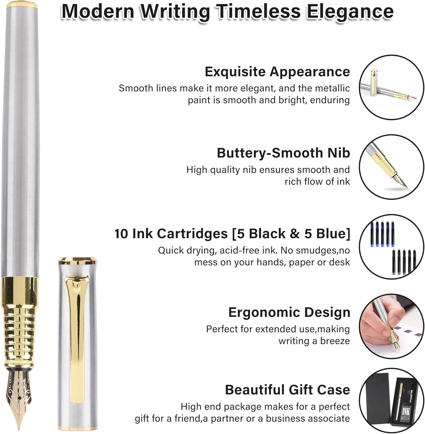 Fountain Pen with Medium Nib, Includes 10 Ink Cartridges, 2 Ink Refill Converter and Premium Gift Box, Luxury Fountain Pen Perfect for Journaling, Calligraphy, Smooth Writing