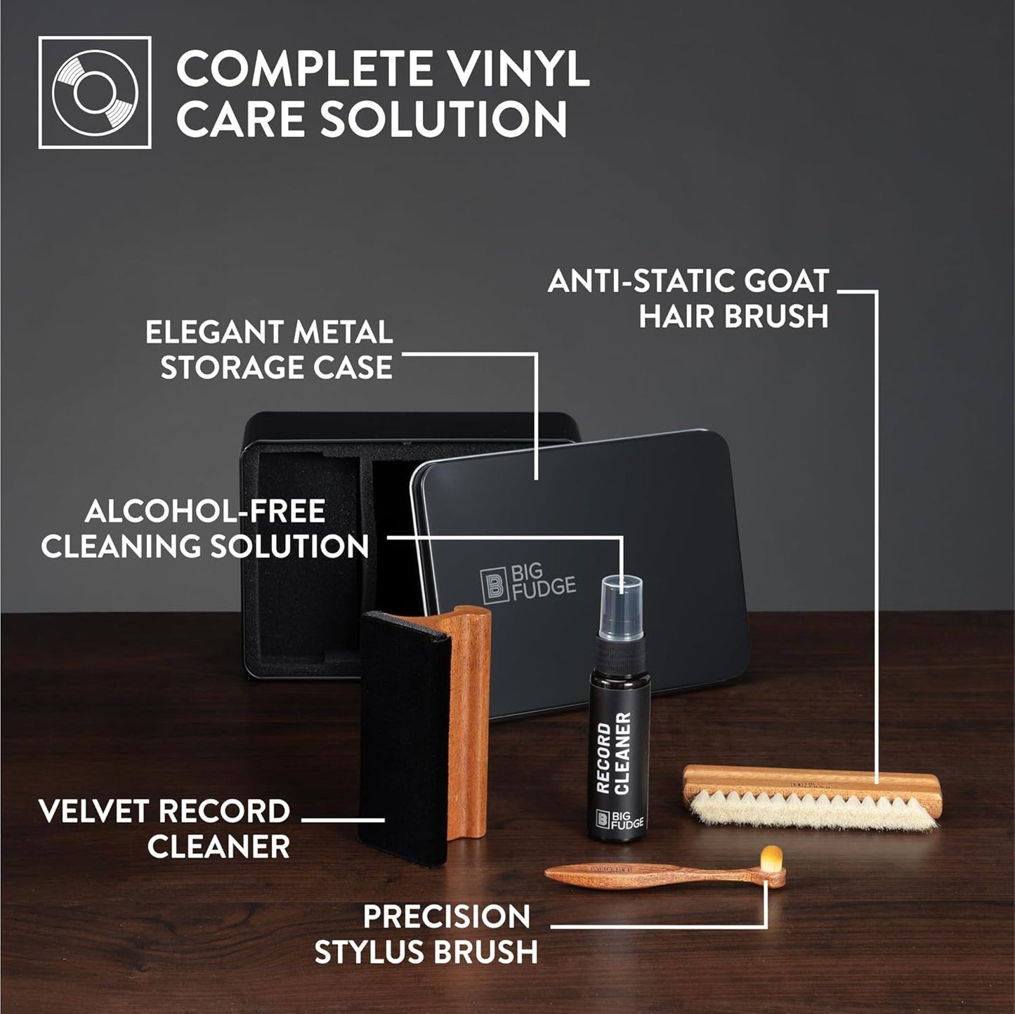 Big Fudge Vinyl Record Cleaning Kit - Collector's Edition - 100% Sapele Wood Vinyl Accessories - Velvet Vinyl Record Cleaner, Anti-Static Vinyl Brush, Stylus Brush and Vinyl Cleaner Solution w/Case