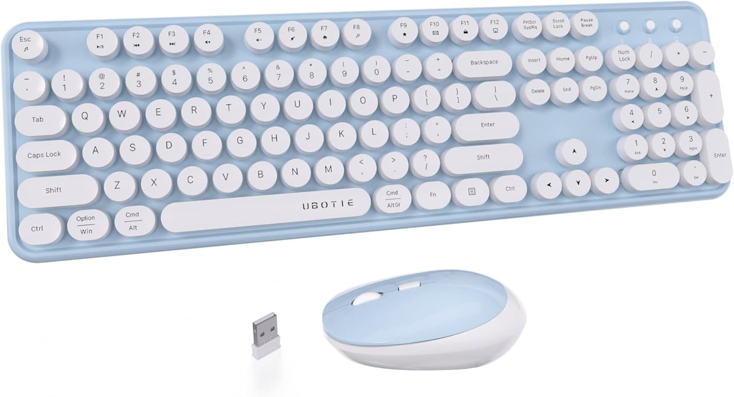 UBOTIE Colorful Computer Wireless Keyboard Mouse Combos, Typewriter Flexible Keys Office Full-Sized Keyboard, 2.4GHz Dropout-Free Connection and Optical Mouse (Blue-White)