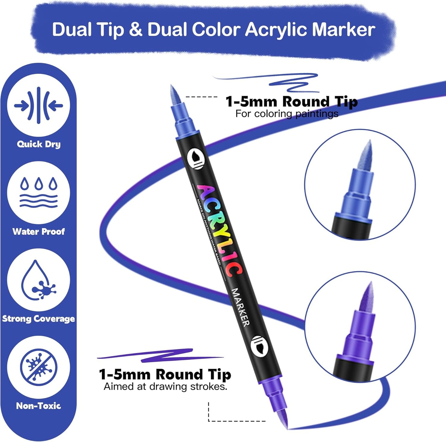 72 Dual Tip Acrylic Paint Markers, Double Color Acrylic Paint Pens for Rock Painting, Ceramic, Stone, Wood, Canvas, Stone, DIY Art Supplies