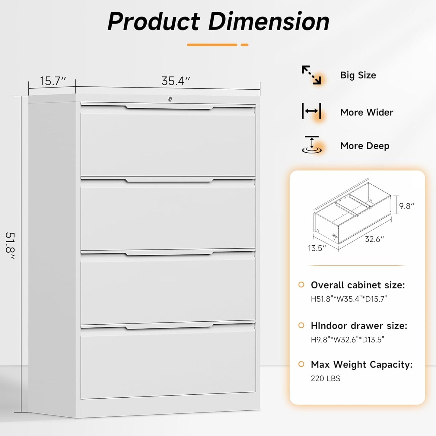 Bestoo 4 Drawer Lateral File Cabinet, Metal Lateral Filing Cabinet with Lock for Hanging Files Letter/Legal/F4/A4 Size, Easy Assemble White