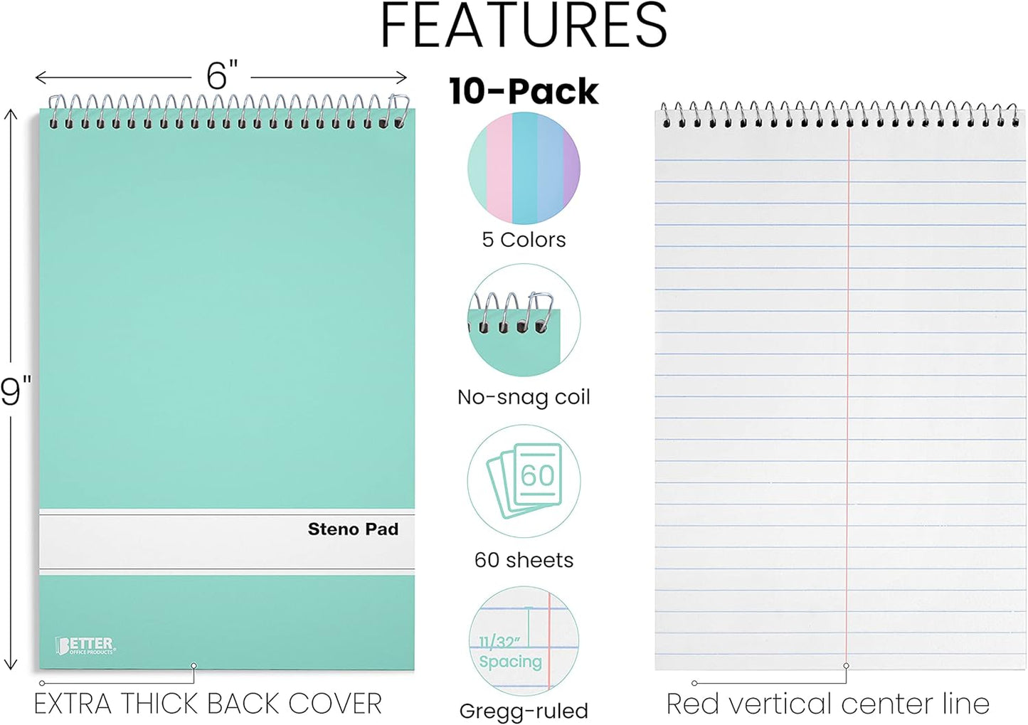 Better Office Products Spiral Steno Pads, 10 Pack, 6 x 9 inches, 80 Sheets, White Paper, Gregg Rule, Assorted Pastel Color Covers, 10 Steno Notebooks