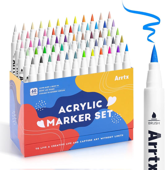 Arrtx 60 Colors Acrylic Paint Pens, Markers Paint Pens, Brush Tip for Rock Painting, Wood, Canvas, Stone, Ceramic, DIY Crafts Making Art Supplies-with Neon & Metallic & Regular Color-60A