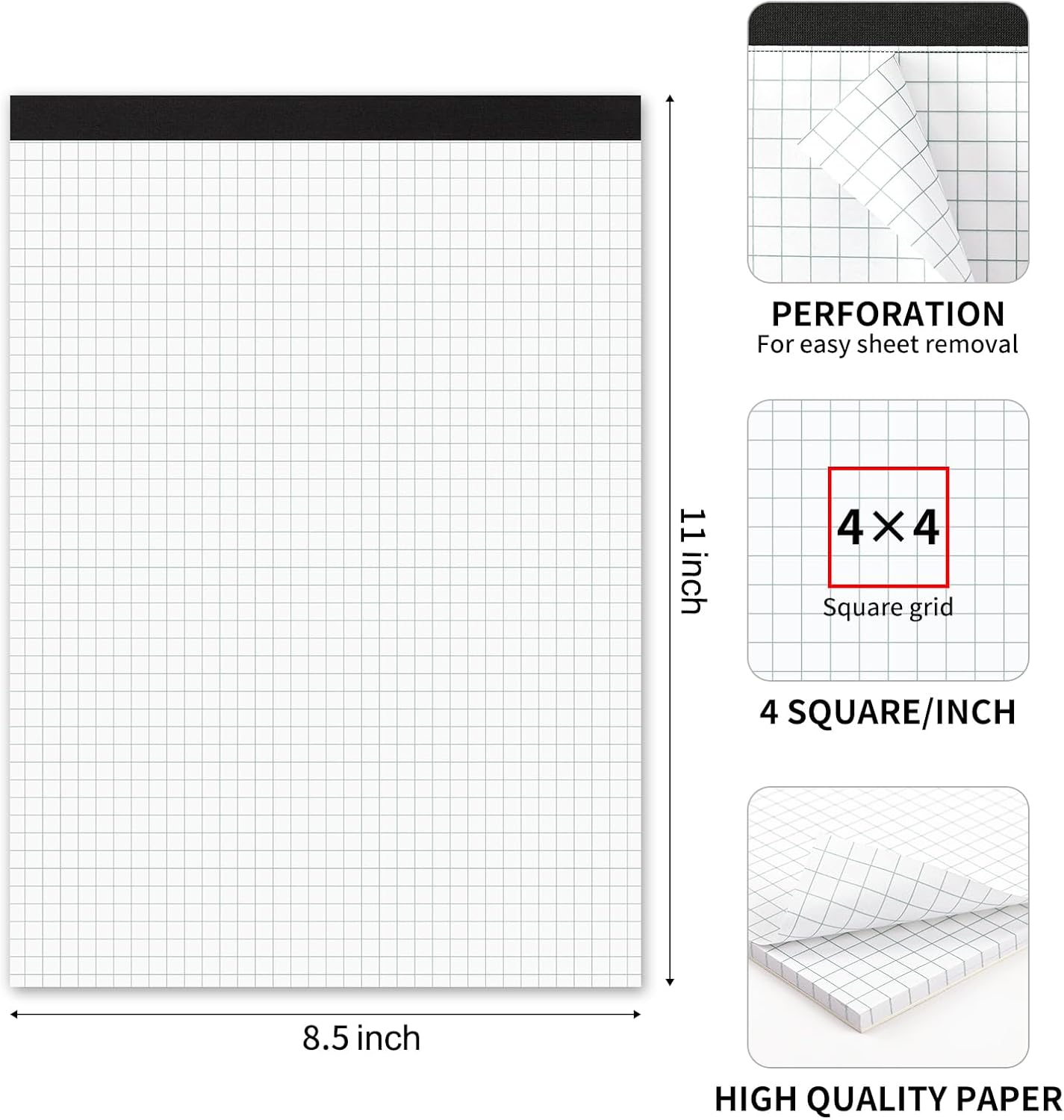 Graph Paper Notebook, 8 Pack, 8.5 x 11 Grid Paper, 4x4 Graph Ruled, 50 Sheets per Pad, Easy-Tear Perforations, 8.5 x 11 Cardboard Backing, for Math, Drafting, Drawing, Engineering