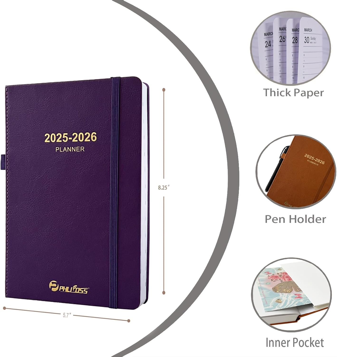 Daily Planner 2025-2026, One Page Per Day, Academic Planner (July 2025 - June 2026), Appointment Book with Time Slots and Monthly Tabs, 5.7" x 8.25", Pocket, Leather Cove (Purple)