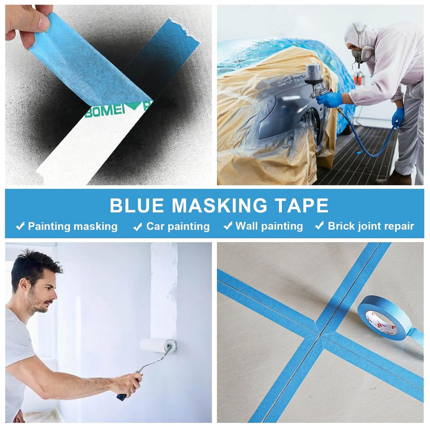 BOMEI PACK Blue Painters Tape 2 Inch Bulk, Blue Masking Tape 3 Rolls x 2 inch x 60 Yards (180 Total Yards) Residue-Free Painting Tape for Labeling, DIY Crafting, Decoration and School Projects