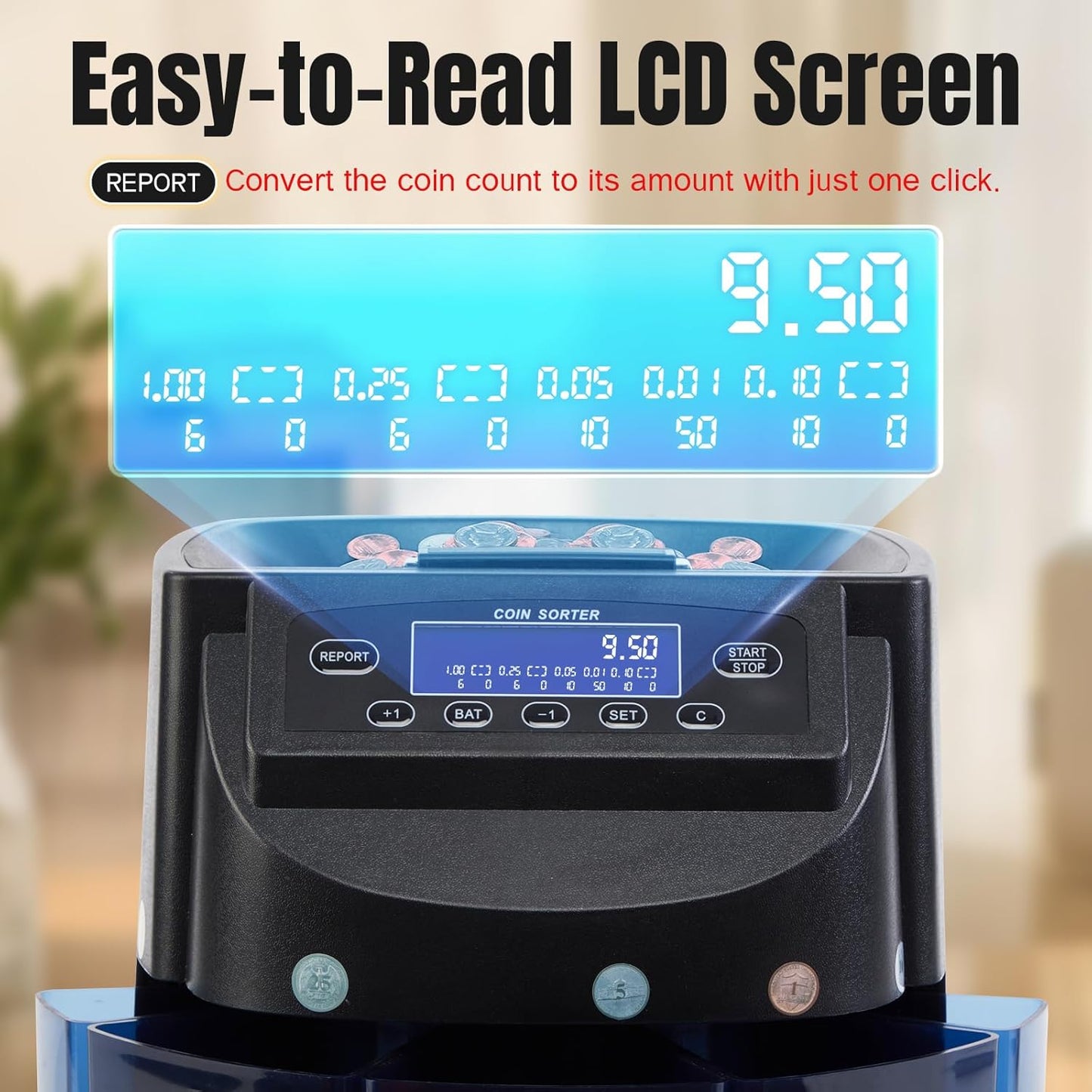 Coin Counter 300-Coin Capacity, USD Coin Sorter and Wrapper Machine Sort 270 Units/Min, Automatic Change Counter with LCD Display for 1￠ 5￠ 10￠ 25￠ $1, Included 5 Coin Bins & 5 Tubes & 5 Wrappers