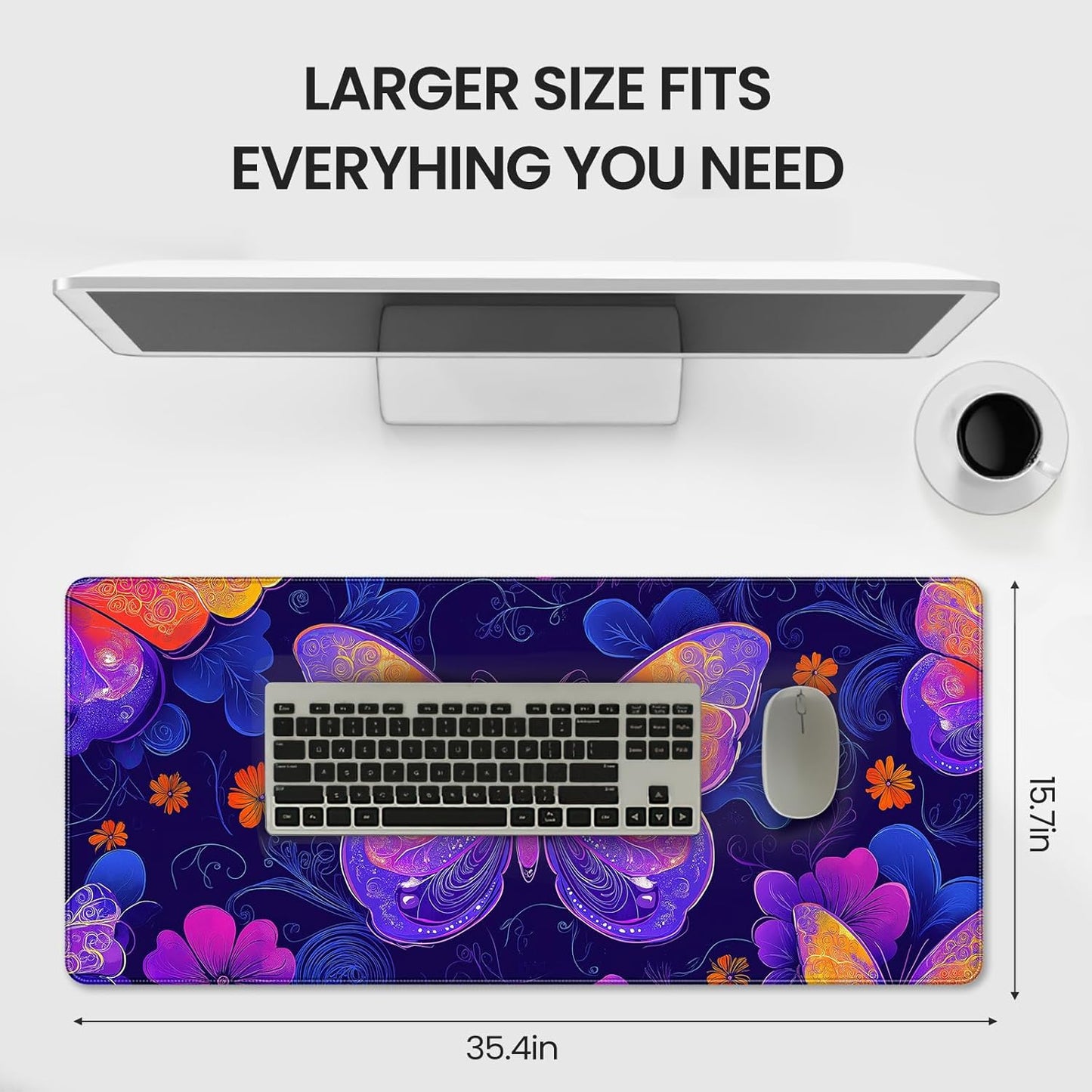 35.4 x 15.7 inches, Large Desktop Mouse pad, Keyboard and Mouse Pads for Work and Home Computers, and Large Laptop Mouse mat，Purple Butterflies