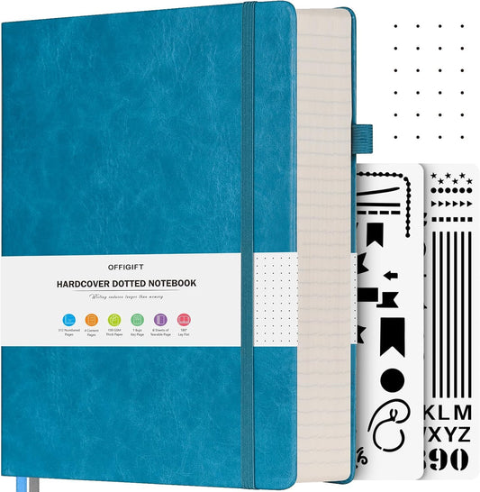 Dotted Journal Notebook, B5 Hardcover Bullet Notebook, 312 Numbered Pages Leather Notebook, 100gsm No Bleed Paper Dot Grid Notebook with Index Pages for Women Men, 7.6'' X 10'', Blue