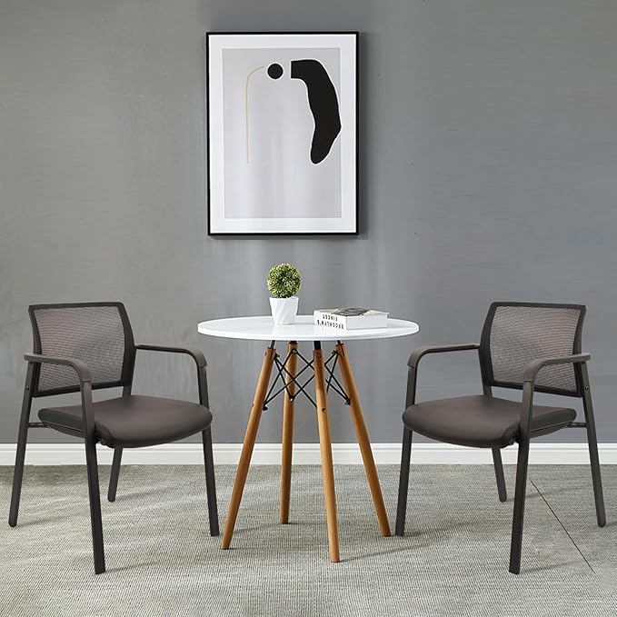 CLATINA Stackable Office Chair, Mesh Back Guest Chairs with Comfortable Leather Seat Arms Stacking Ergonomic Desk Chair No Wheels for Conference Waiting Reception School Stationary, Black, Set of 4