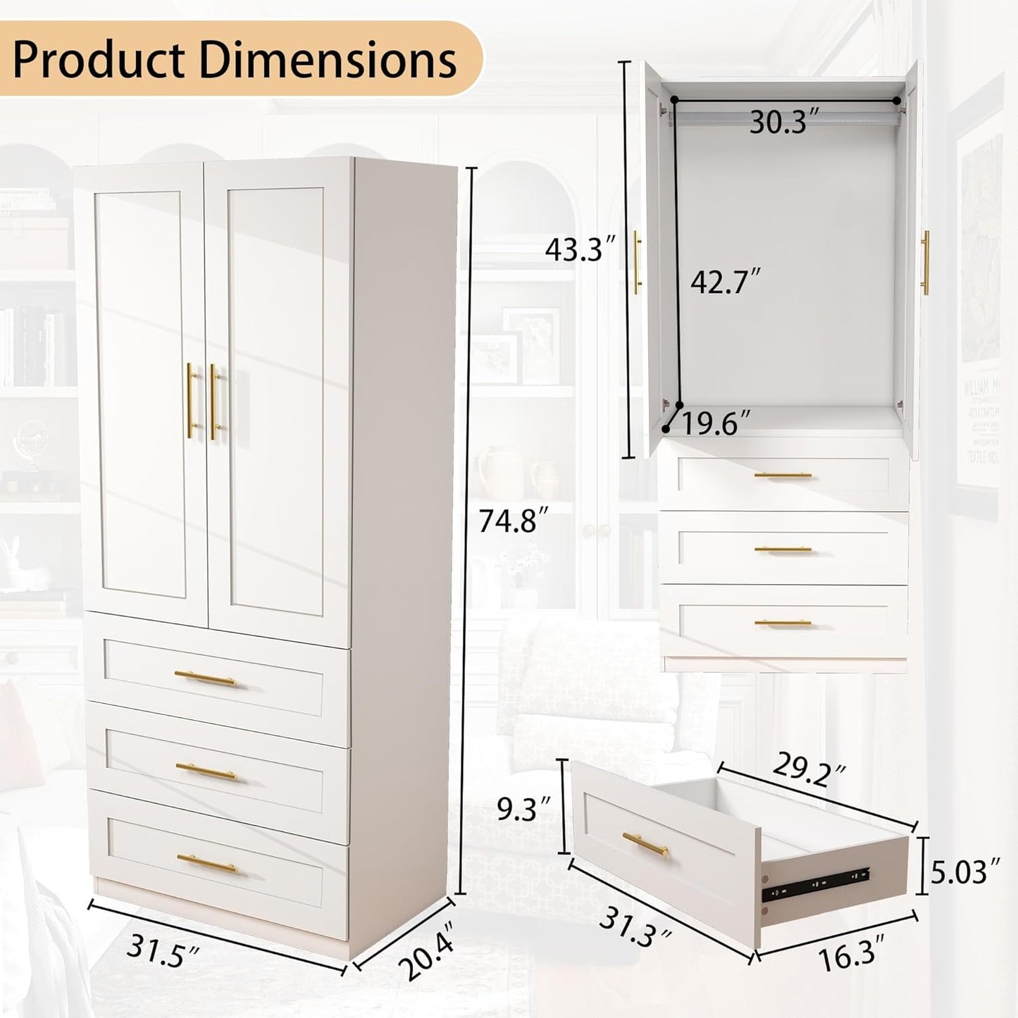 White Wardrobe with 2 Doors: 75" Tall Armoire Wardrobe Closet with 3 Drawers, Bedroom Closet Cabinet for Hanging Clothes, Wooden Storage Armoire with Shelves (Modern, 1)