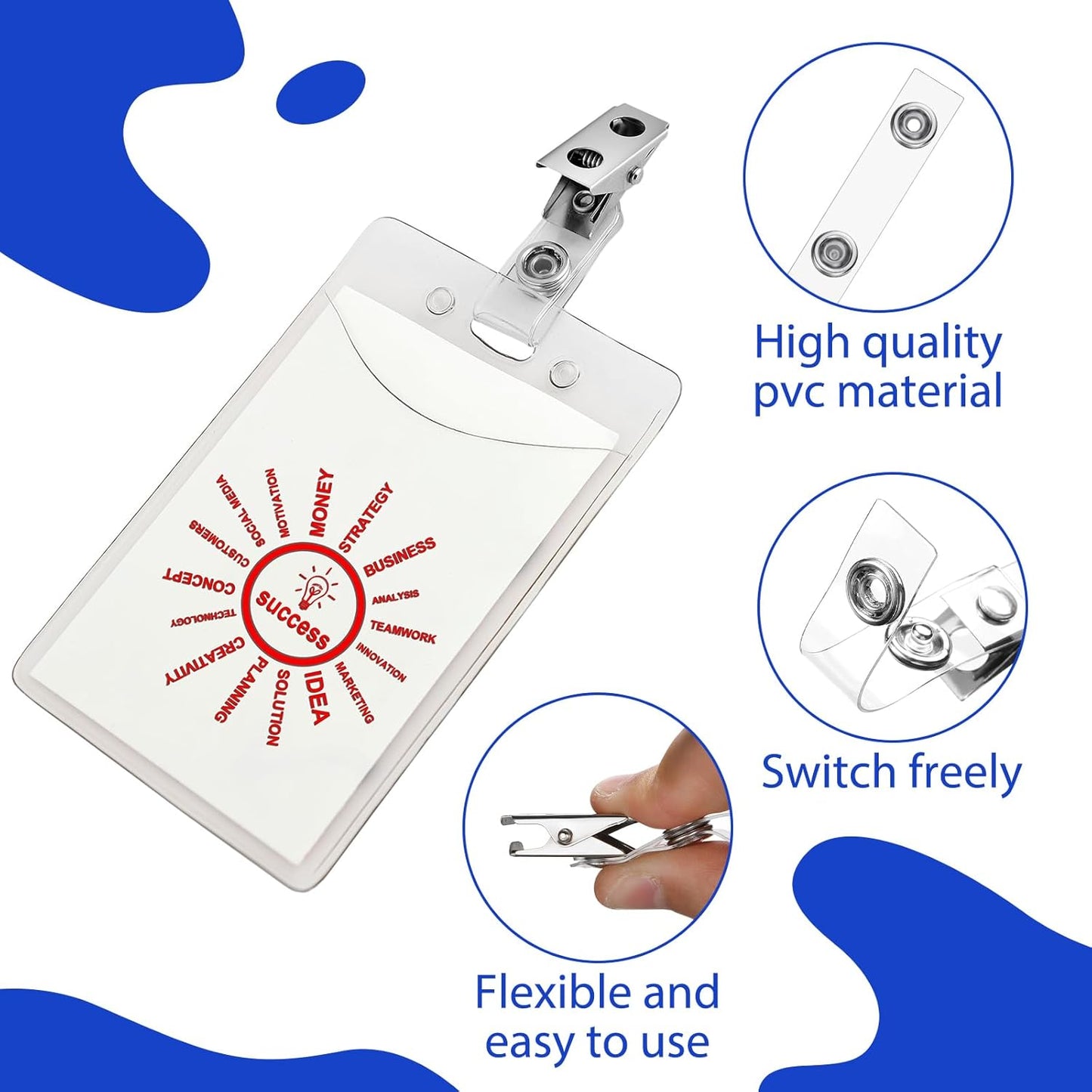 Seajan 600 Pcs Metal Badge Clips Bulk Double Hole Name Tag Clips with Clear PVC Straps Alligator ID Strap Clips for ID Cards Holders Office School Supplies