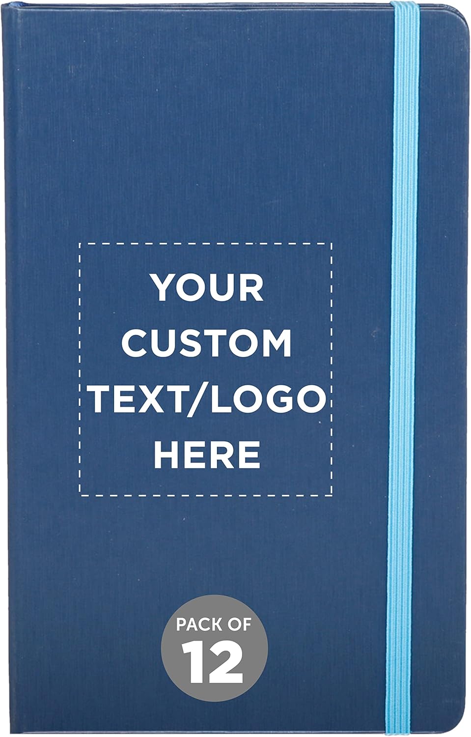 DISCOUNT PROMOS Custom Hardcover Notebook Journals with Elastic Colored Band Set of 12, Personalized Bulk Pack - Perfect for School, Office, Home - Blue