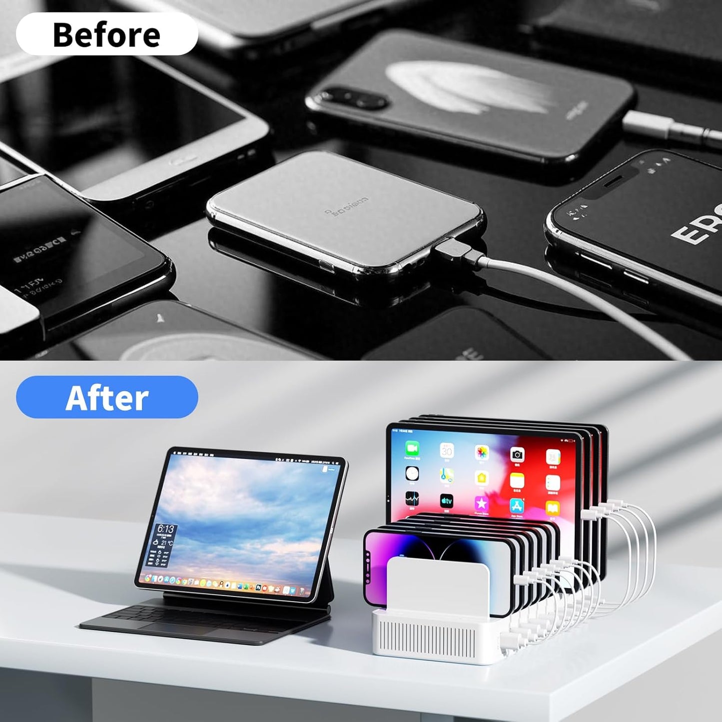 60W Charging Station for Multiple Devices, 10-Port USB Fast Charging Station with Adjustable Dividers - Device Organizer Charging Dock for iPhone, Android, iPad, Tablets & More