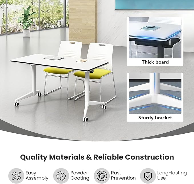 Conference Table Folding Conference Table, Modern Conference Room Table White Meeting Table Flip Top Large Mobile Training Tables, Mobile Training Seminar Tables for Office Classroom (6pack 55.1in)
