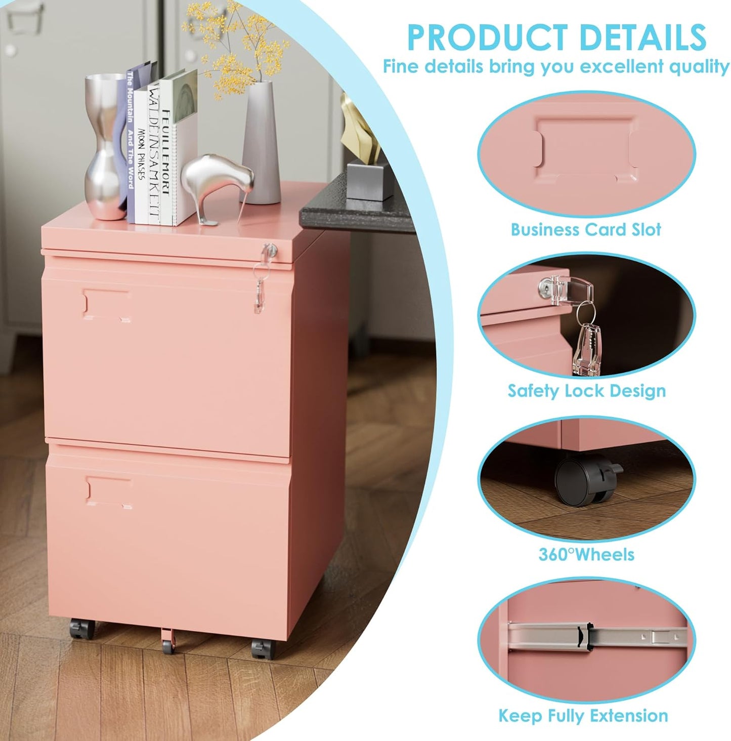 2 Drawer Mobile File Cabinet with Lock,Under Desk Metal Filing Cabinets for Home Office Fits Letters/Legal/A4 Size Folder, Assembly Required, Pink