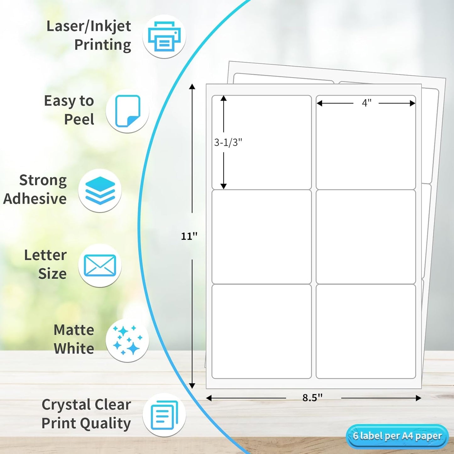 FungLam Printable Sticker Paper, 3-1/3" x 4" Shipping Address Labels 600 Blank Mailing Labels for Laser & Inkjet Printers, 6 per Page Label Stickers, 100 Sheets