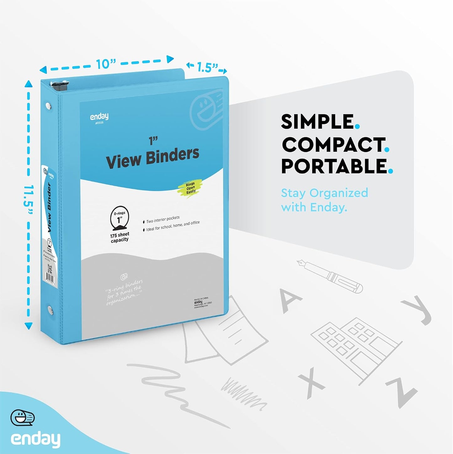 3 Ring Binder Blue, 1 Inch, 1” Clear View Cover with 2 Inside Pockets Round Ring Binder, Colored School Supplies Binders, Also Available in Pink, Blue, Purple, Green, and Grey (6 PC) – by Enday