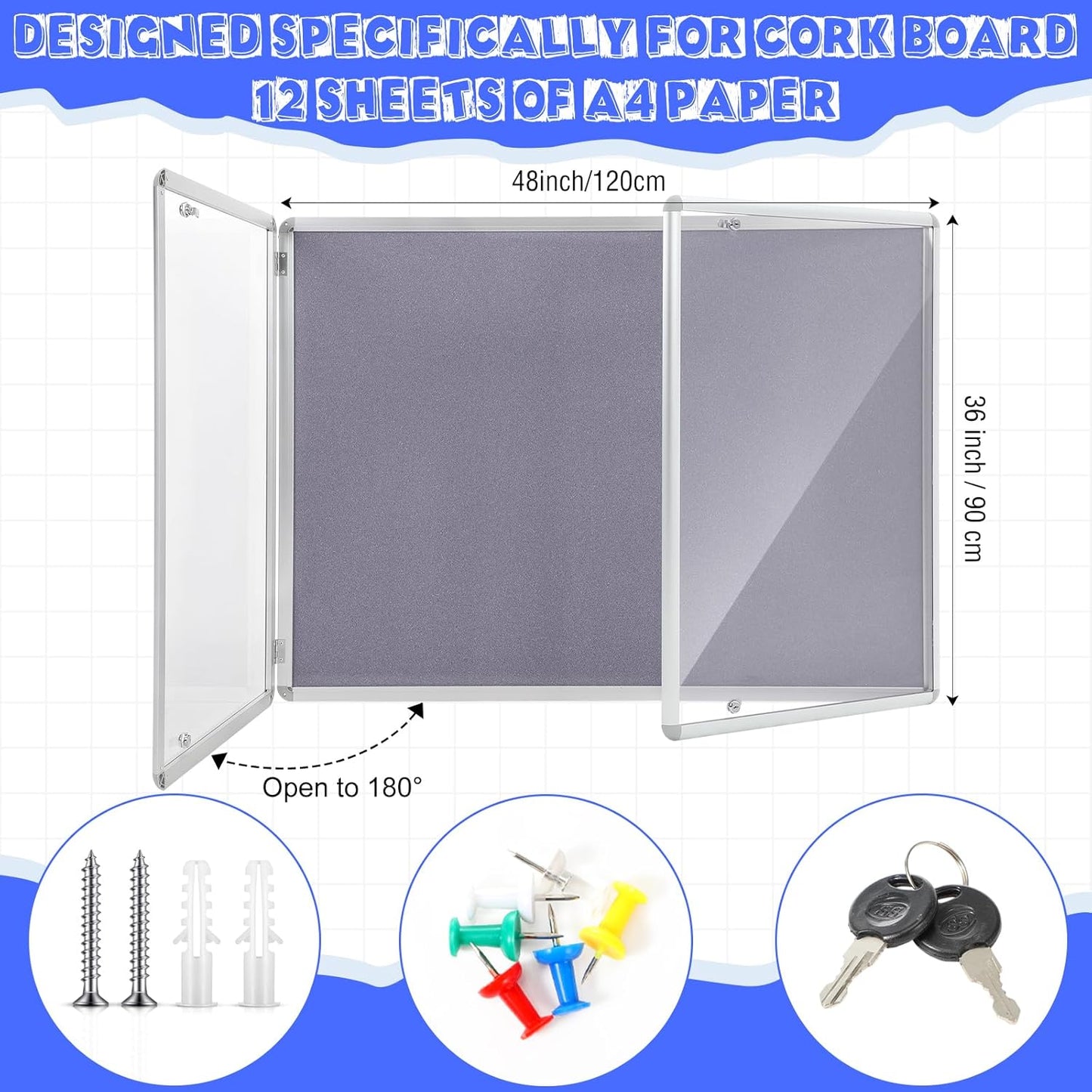 2 Pack Enclosed Bulletin Board 48"x36" Weather Resistant Lockable Enclosed Notice Cork Case Display Board Wall Mounted 2 Locking Door Aluminum Frame for Back to School Classroom, 12xA4(Gray)