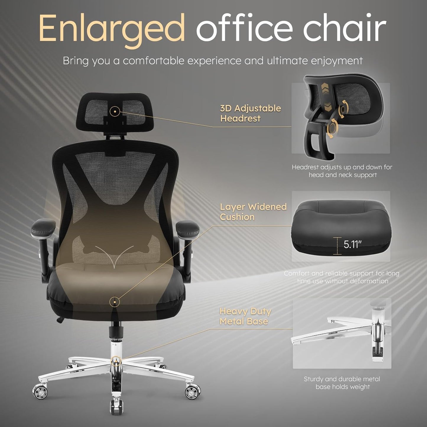 750lbs Big and Tall Office Chair- Heavy Duty Executive Chair with 5D Flip Arms and Adjustable Lumbar Support, Ergonomic Mesh High Back Desk Chair, Ergonomic Executive Home Office Computer Chair