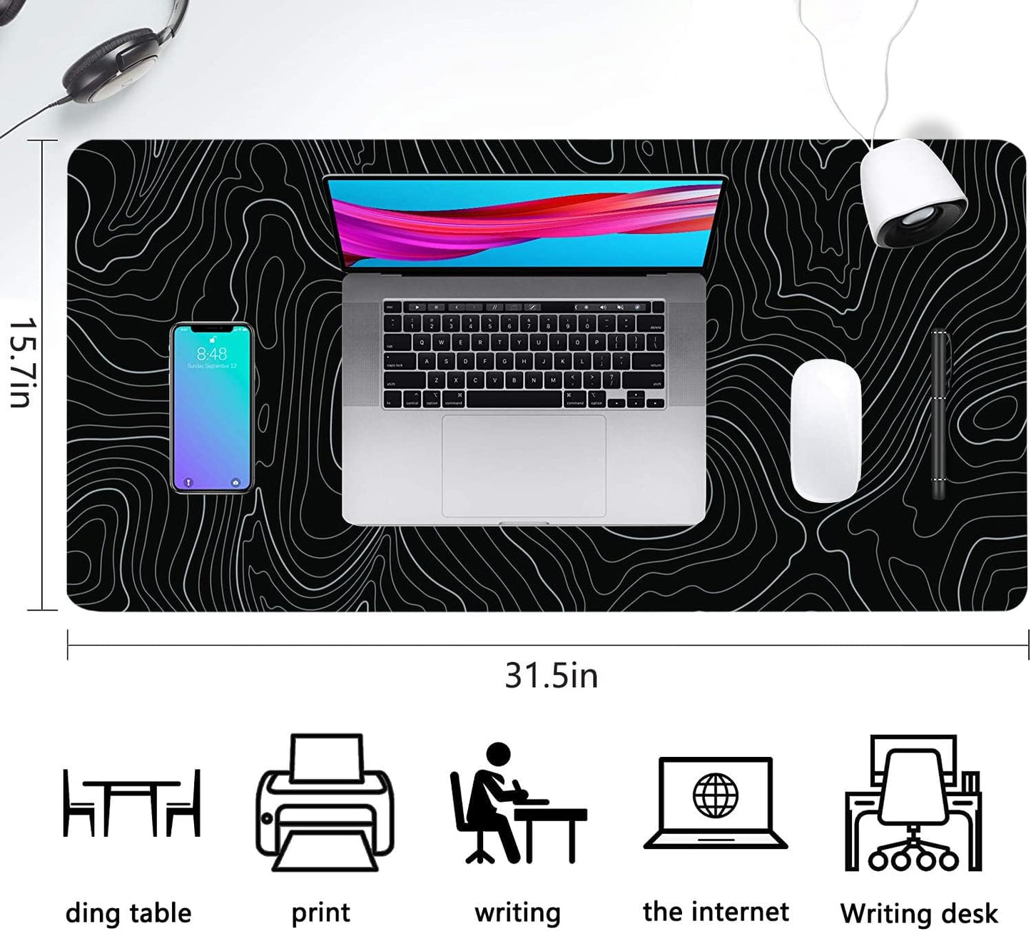 Desk Mat, Topographic Map Lines Pattern Large Desk Pad Extended Gaming Mouse Pad, 35.4 x 15.7inch Mouse Pad with Non-Slip Rubber Base Stitched Edges, Home Office Decor for Women Girls Men Boys