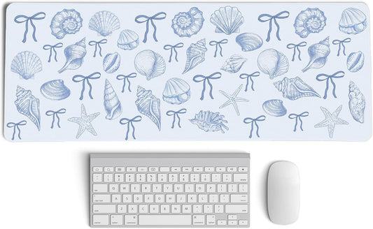 Blue and White Seashell Bow Mouse Pad,Coastal Beach Mouse Pad,XL Large Ocean Beach Seashell Desk Mat,Girly Vintage Summer Beachy Gaming Pads,Girly Summer Desktop Decor Art,31.5x11.8In