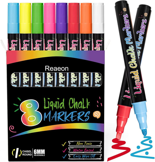 Chalk Markers, Vibrant Color Liquid Chalk Pens, for Chalkboard, Blackboard, Window, Glass, Mirror, Water-Based, Non-Toxic, 6mm Reversible Tip, 8 Pack